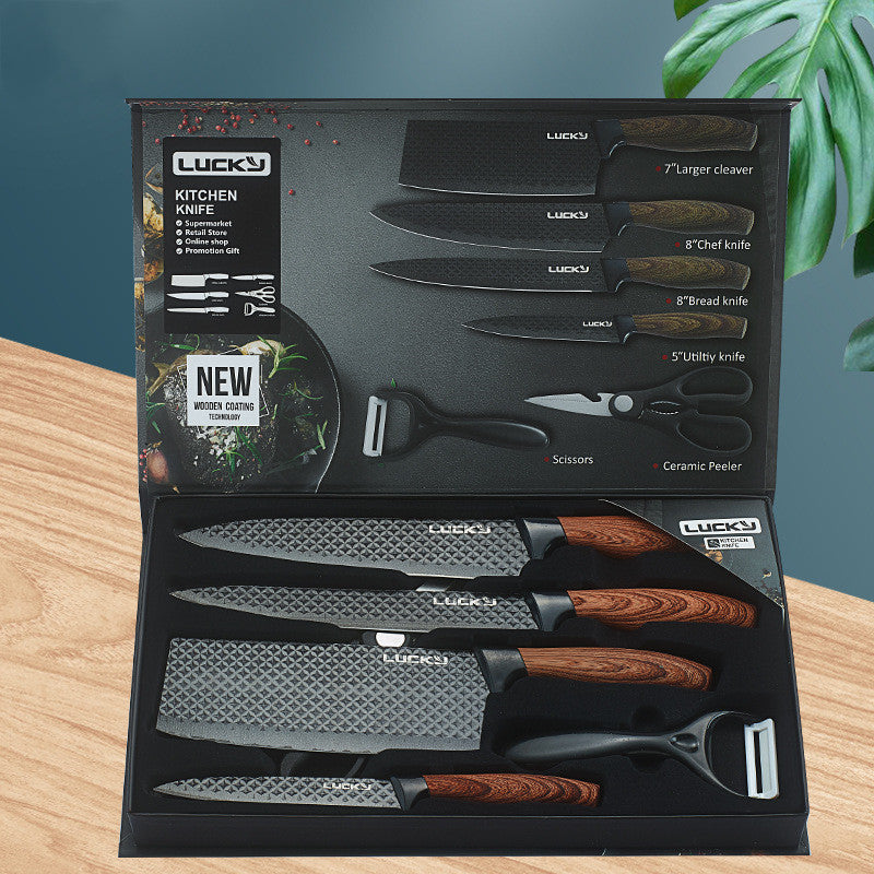 Six-Piece Stainless Steel Kitchen Knife Set with Wooden Handles - Modern & Anti-Rust