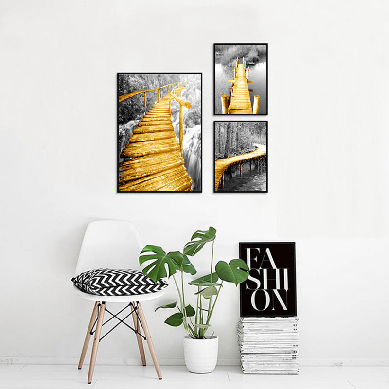 Nordic Wooden Bridge Landscape Poster - Black & White Wall Art Decor