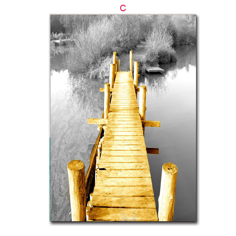 Nordic Wooden Bridge Landscape Poster - Black & White Wall Art Decor