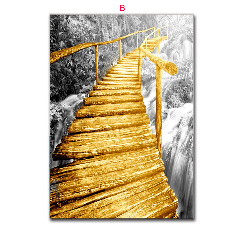 Nordic Wooden Bridge Landscape Poster - Black & White Wall Art Decor