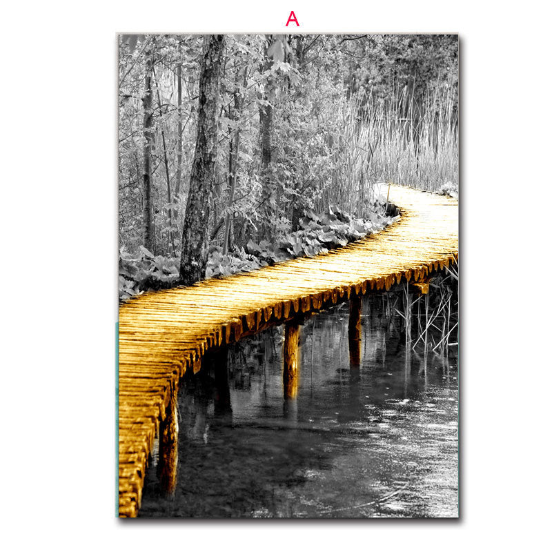 Nordic Wooden Bridge Landscape Poster - Black & White Wall Art Decor