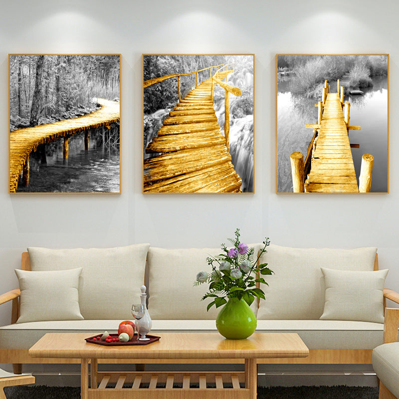 Nordic Wooden Bridge Landscape Poster - Black & White Wall Art Decor