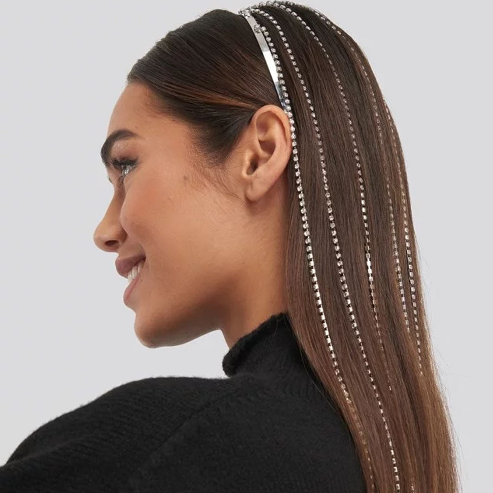 Rhinestone Tassel Headband for Women - Silver