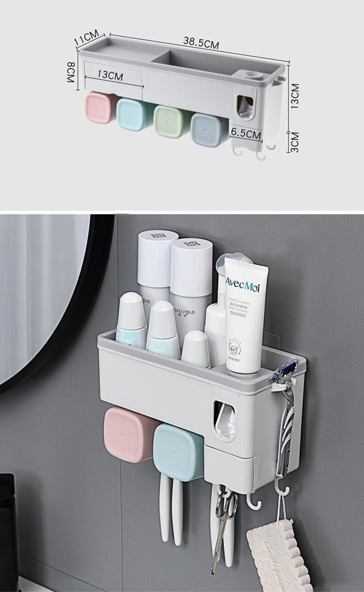 Wall-Mounted Toothbrush Holder Rack with Multiple Cups for Bathroom Storage