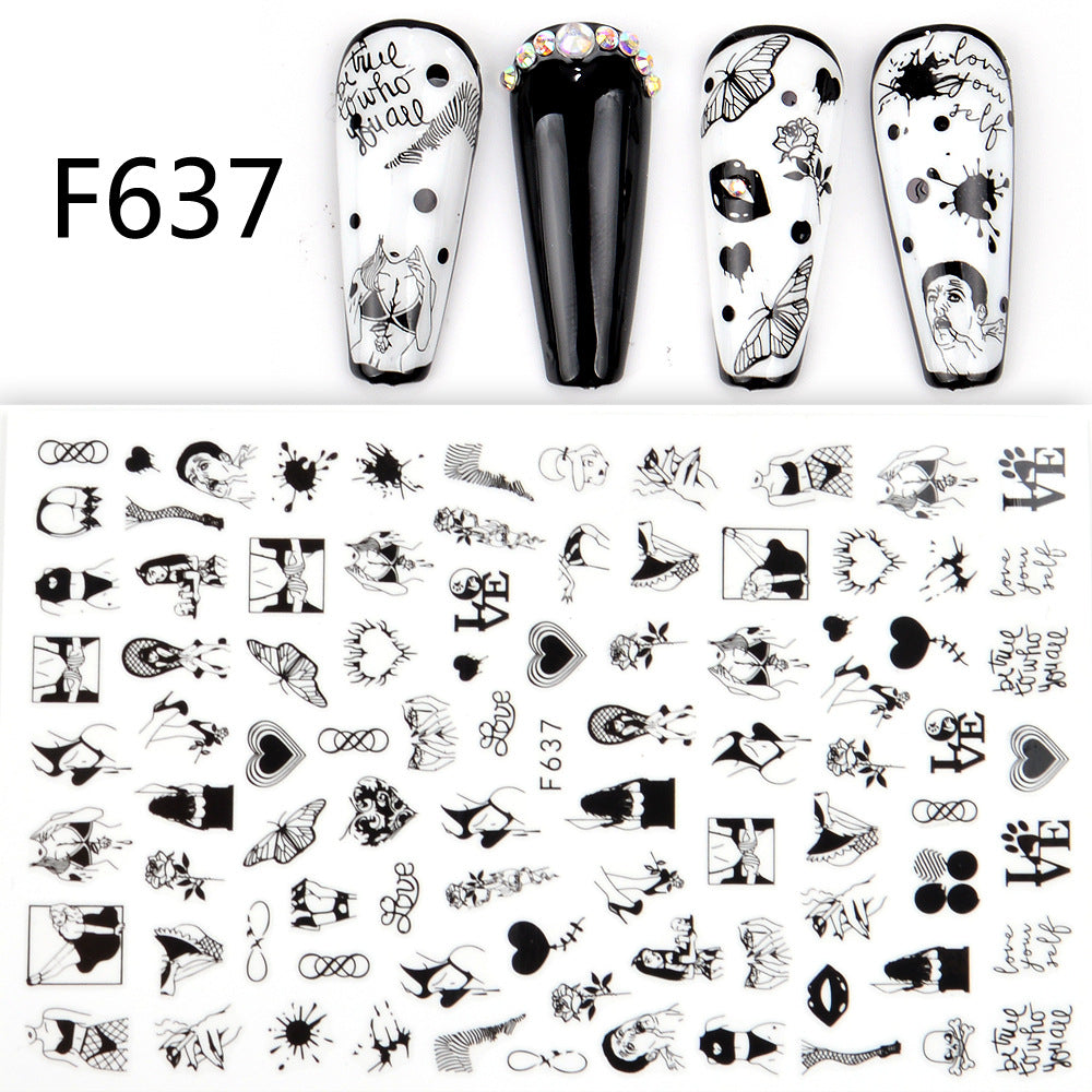 Black and White 3D Animal Love Letter Butterfly Nail Sticker Set