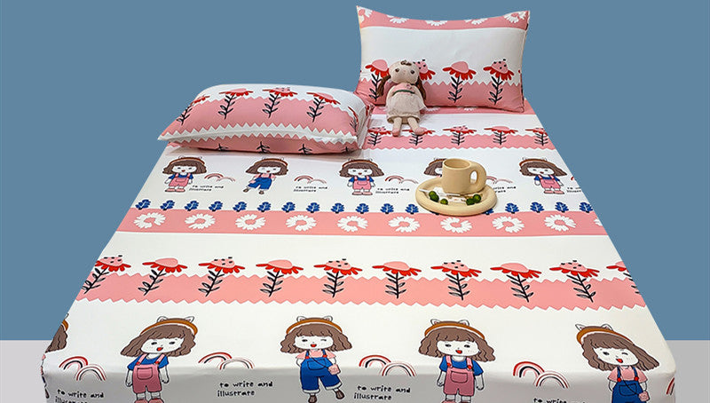 Cotton Elastic Fitted Bed Sheet Set Geometric Print Queen King Size Bedding