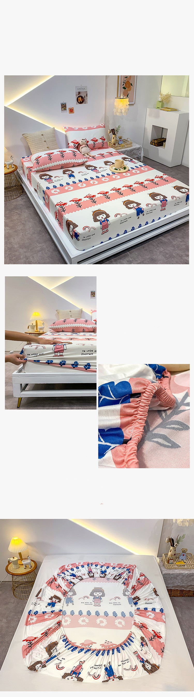 Cotton Elastic Fitted Bed Sheet Set Geometric Print Queen King Size Bedding