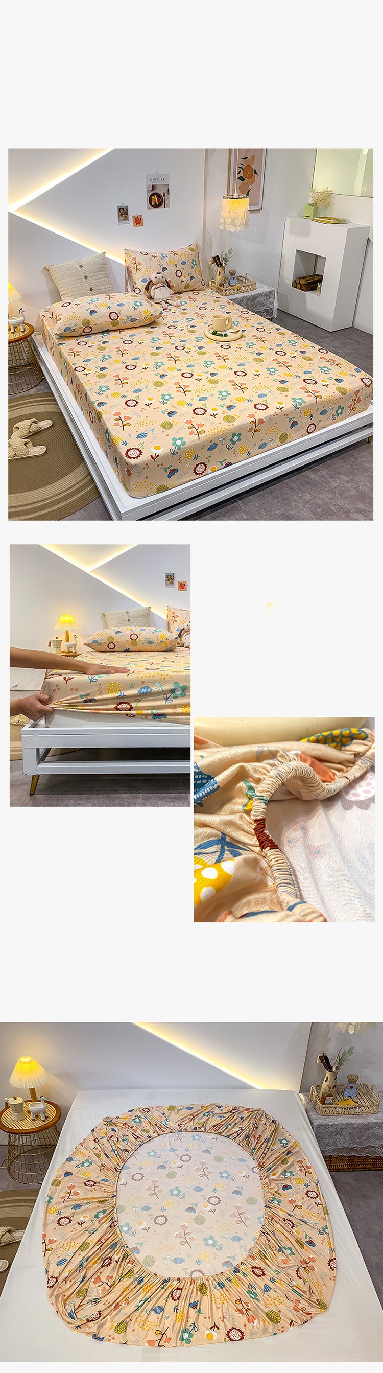 Cotton Elastic Fitted Bed Sheet Set Geometric Print Queen King Size Bedding