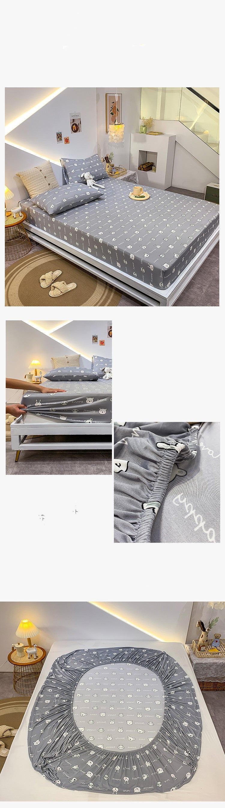 Cotton Elastic Fitted Bed Sheet Set Geometric Print Queen King Size Bedding