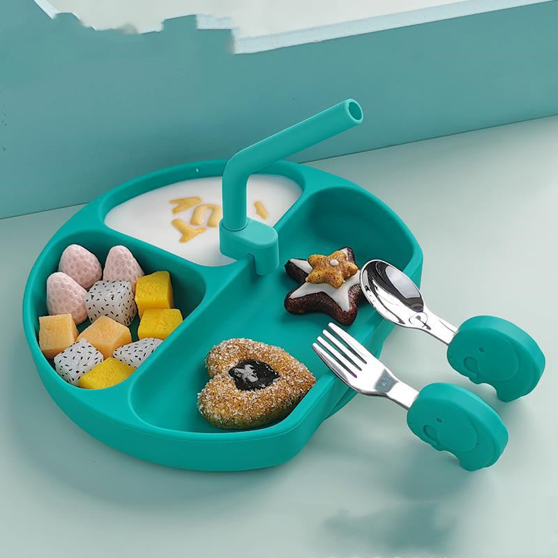 Baby & Children Tableware Set with Licking Spoon - Food Grade Silicone & Stainless Steel