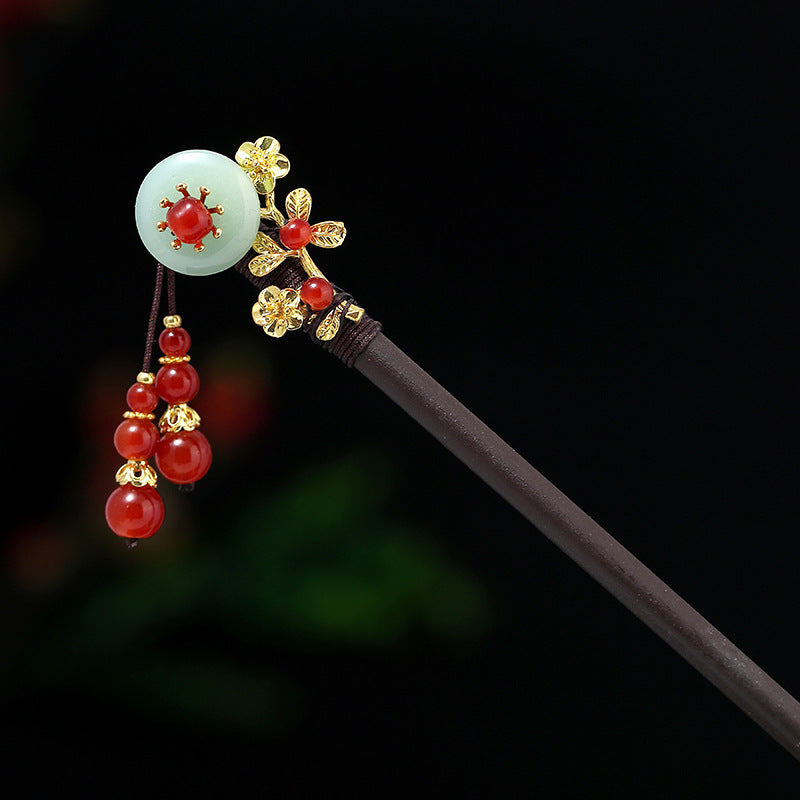Vintage Wenge Wood Hairpin with Red Agate