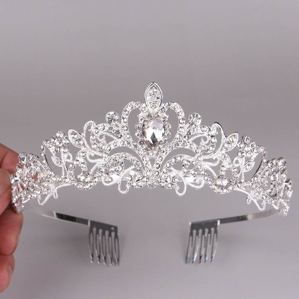 Rhinestone Crown Headband - White Silver