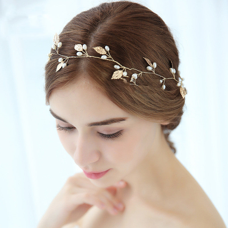 Bridal Headband with Gold Leaves Wedding Hair Accessory for Women