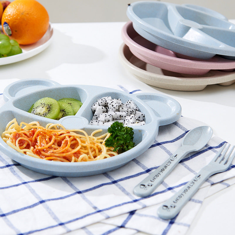 Wheat Straw Children's Dinner Plate Set with Fork and Spoon - Durable Eco-Friendly Kitchenware