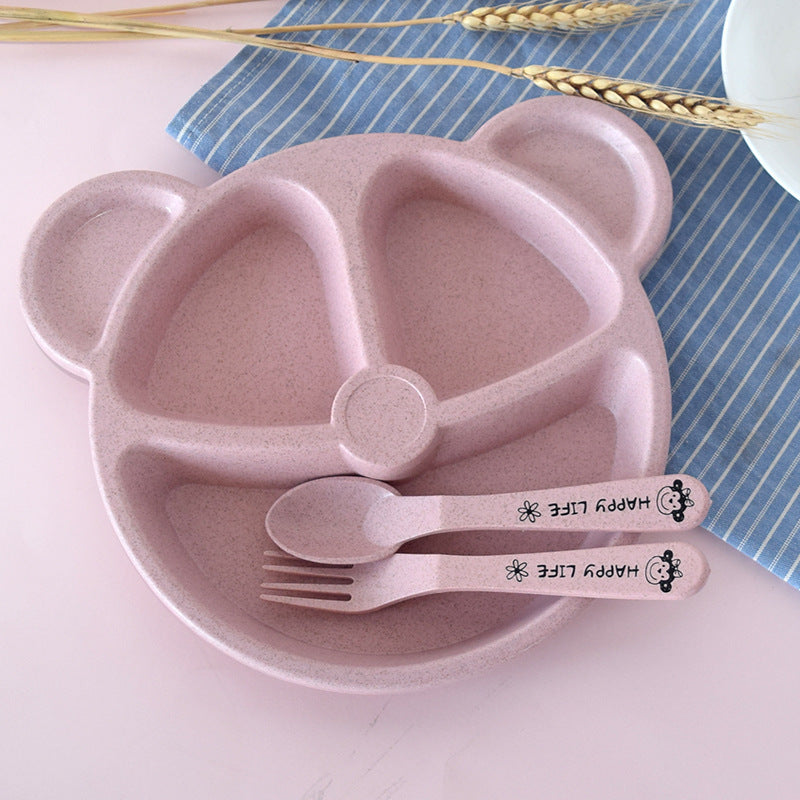 Wheat Straw Children's Dinner Plate Set with Fork and Spoon - Durable Eco-Friendly Kitchenware