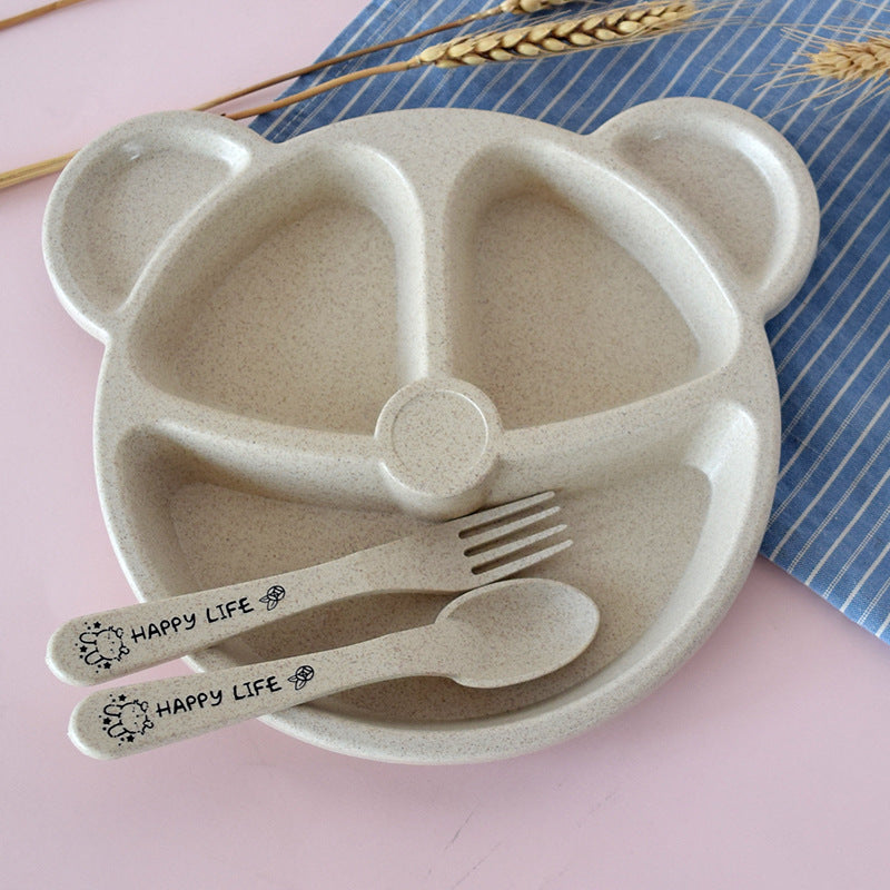 Wheat Straw Children's Dinner Plate Set with Fork and Spoon - Durable Eco-Friendly Kitchenware