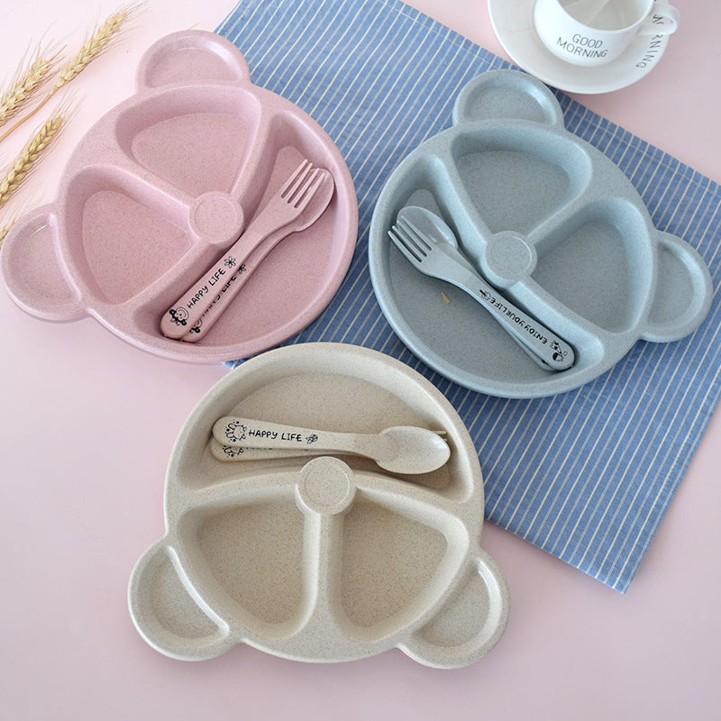 Wheat Straw Children's Dinner Plate Set with Fork and Spoon - Durable Eco-Friendly Kitchenware