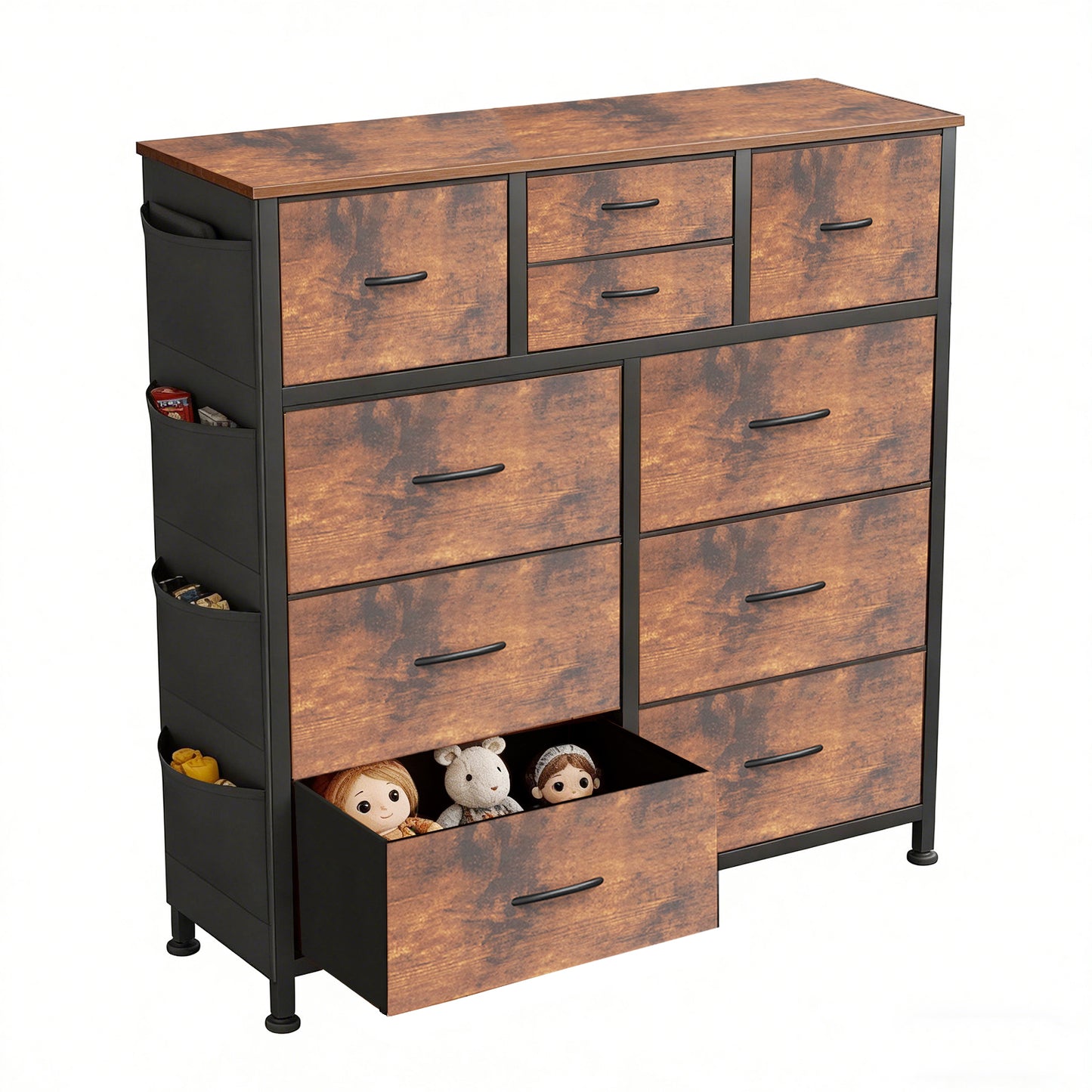10-Drawer Storage Cabinet with Side Pocket & Hooks - Brown