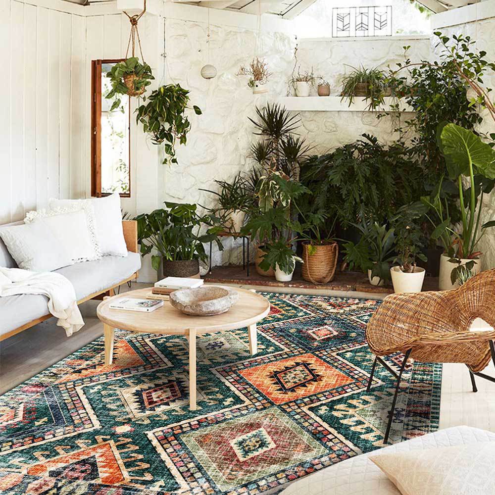 Green Geometric Pattern Ethnic Style Living Room Carpet - Multiple Sizes