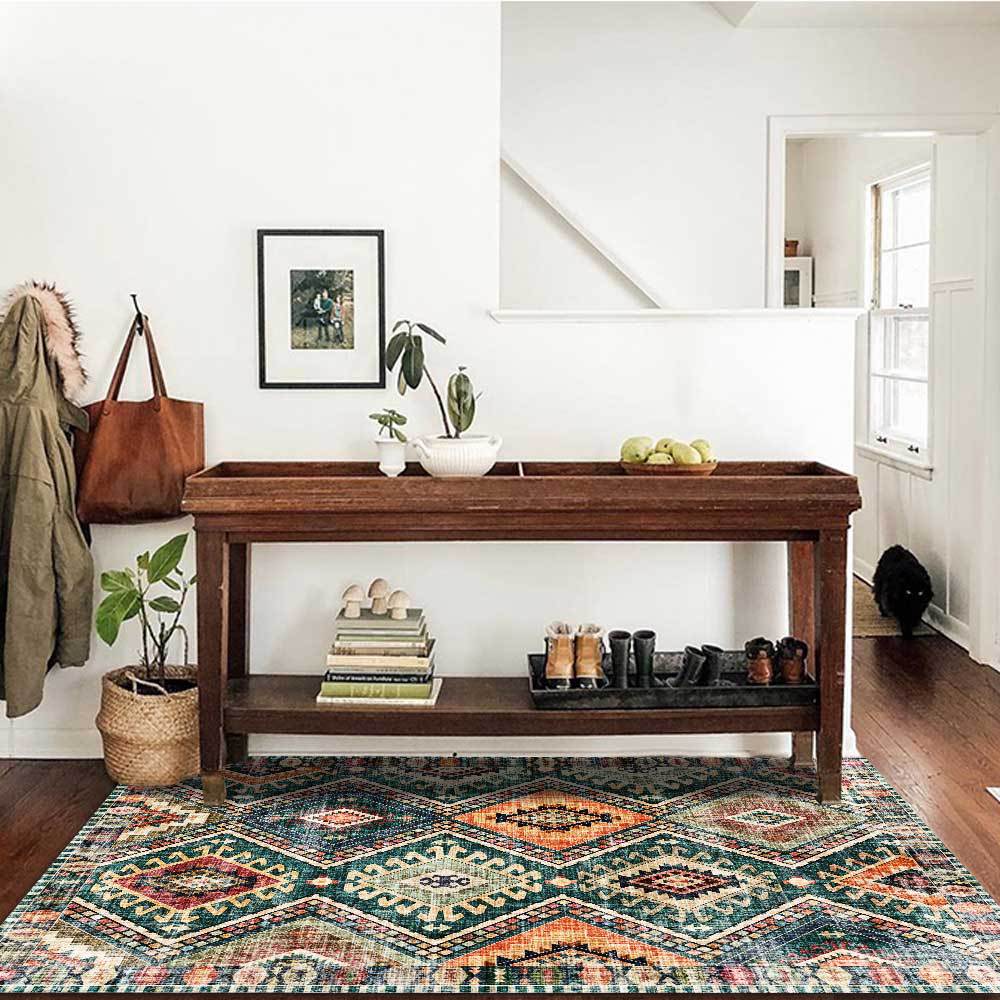 Green Geometric Pattern Ethnic Style Living Room Carpet - Multiple Sizes