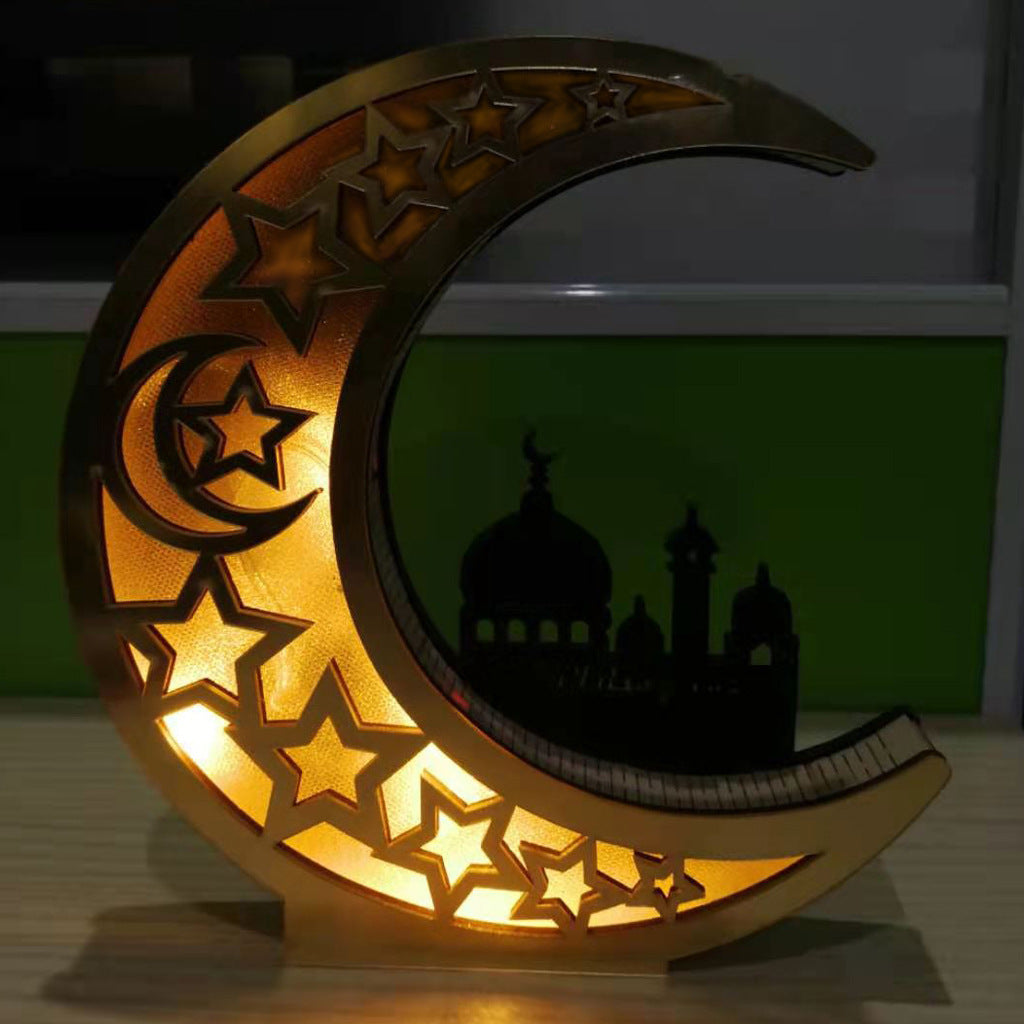 Wooden Eid Mubarak Mirror with LED Lights Golden Moon Castle Hollow Letters
