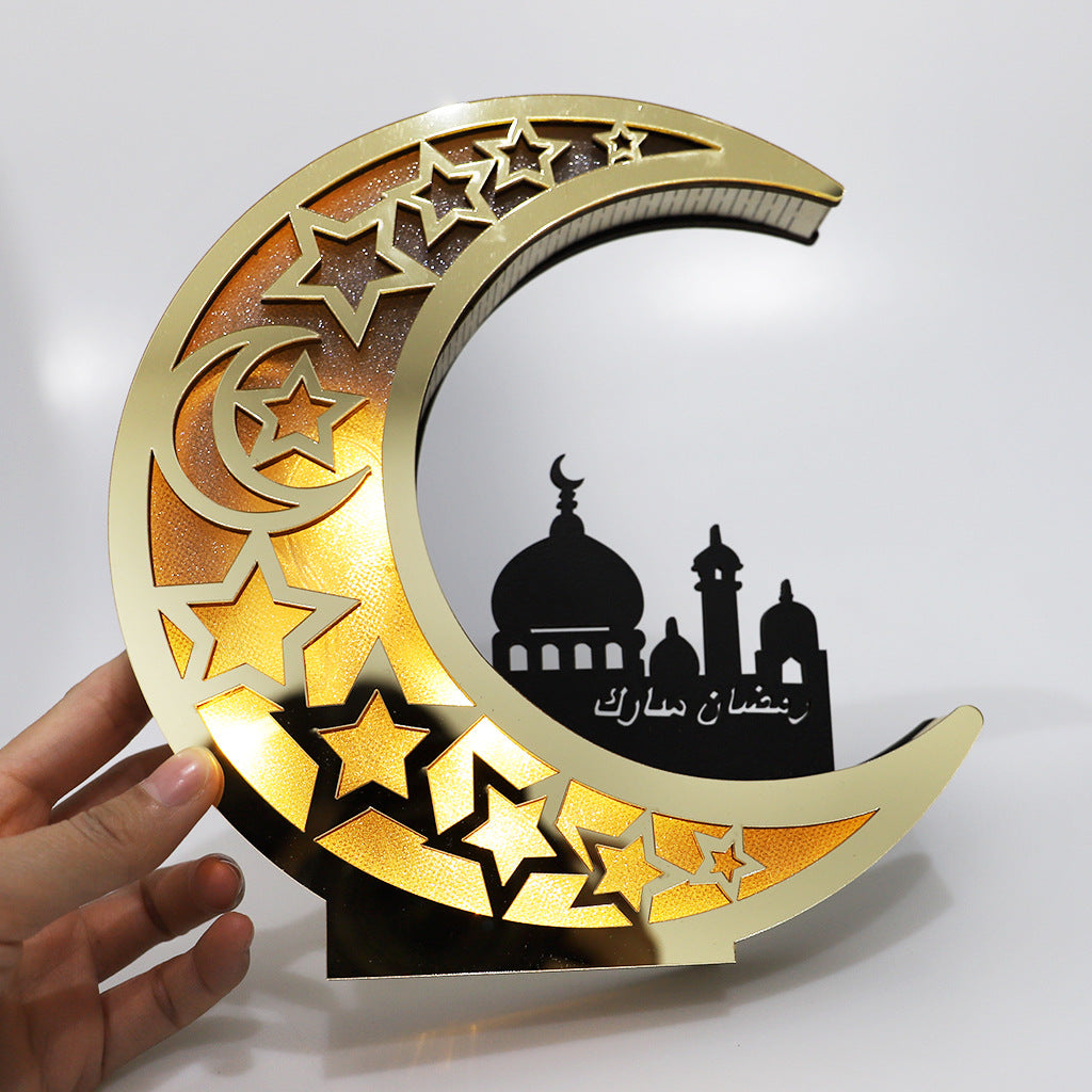 Wooden Eid Mubarak Mirror with LED Lights Golden Moon Castle Hollow Letters