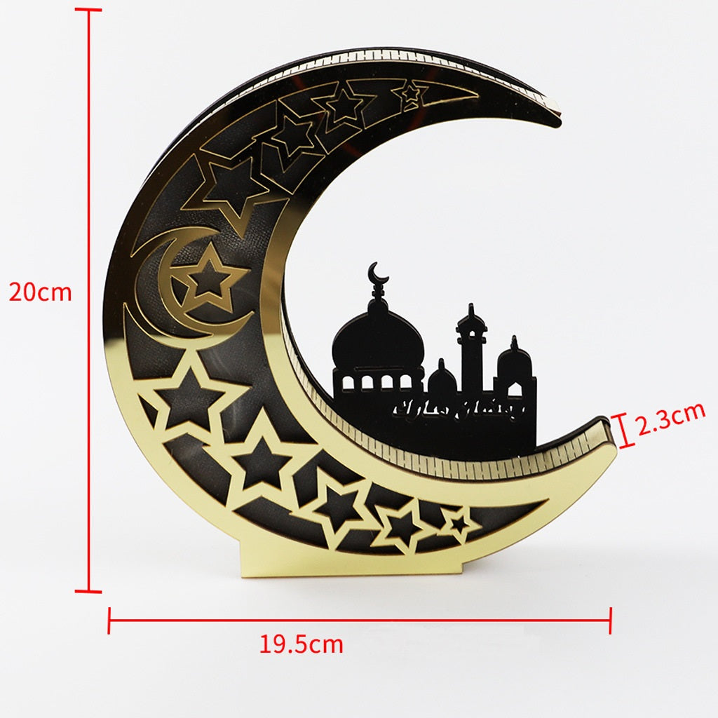 Wooden Eid Mubarak Mirror with LED Lights Golden Moon Castle Hollow Letters