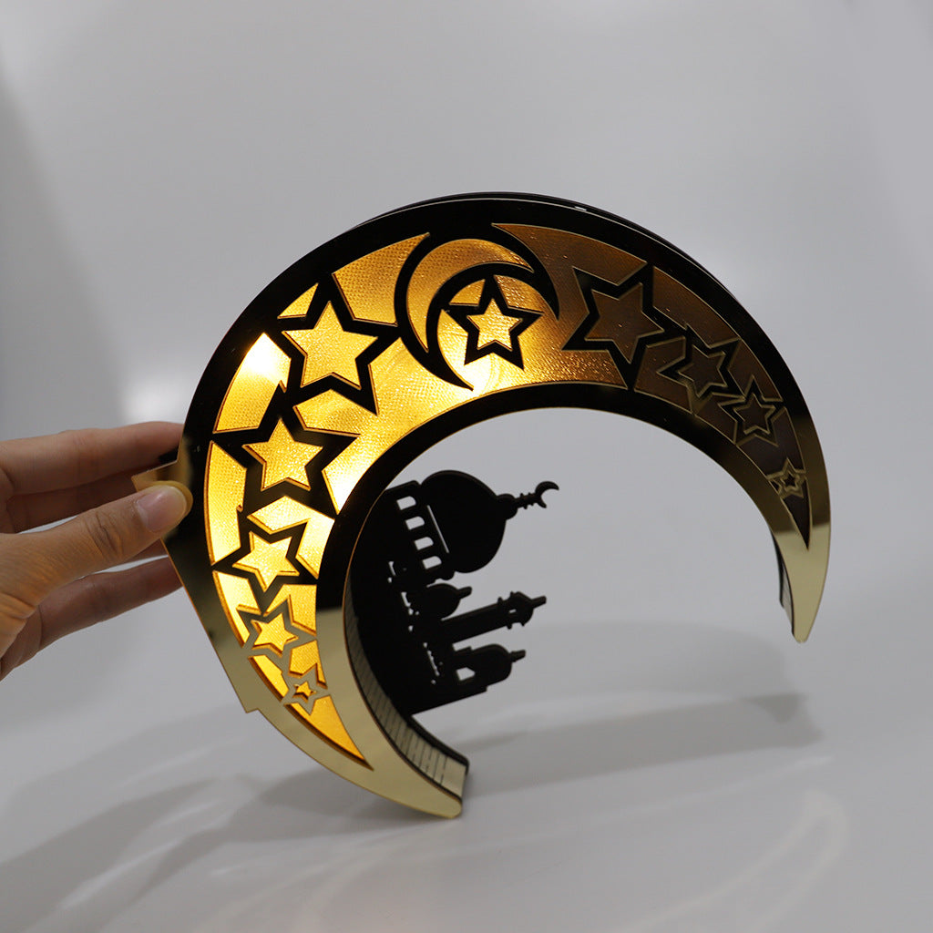 Wooden Eid Mubarak Mirror with LED Lights Golden Moon Castle Hollow Letters