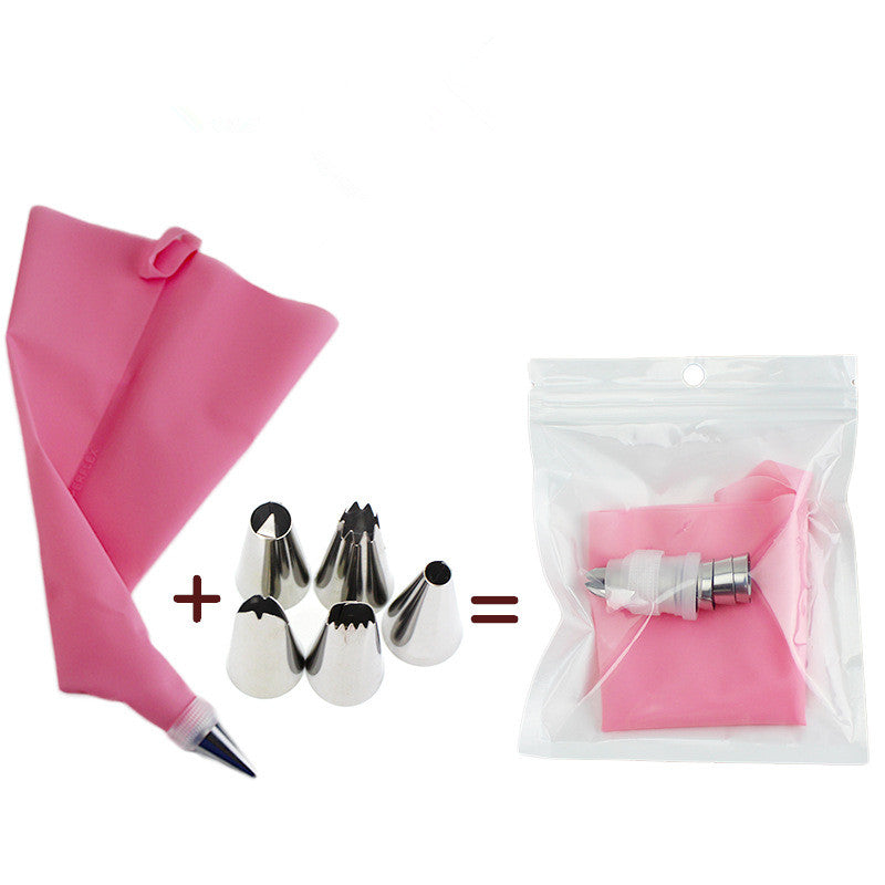 Cake Decorating Mouth Set with Stainless Steel Nozzles and Pink Silicone Bag
