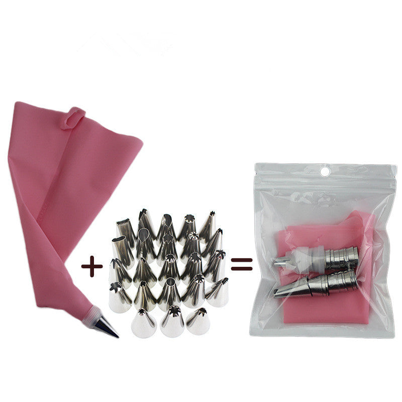 Cake Decorating Mouth Set with Stainless Steel Nozzles and Pink Silicone Bag