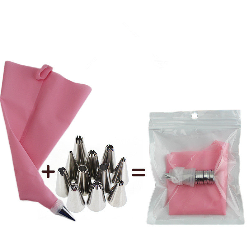 Cake Decorating Mouth Set with Stainless Steel Nozzles and Pink Silicone Bag