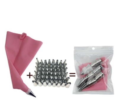 Cake Decorating Mouth Set with Stainless Steel Nozzles and Pink Silicone Bag