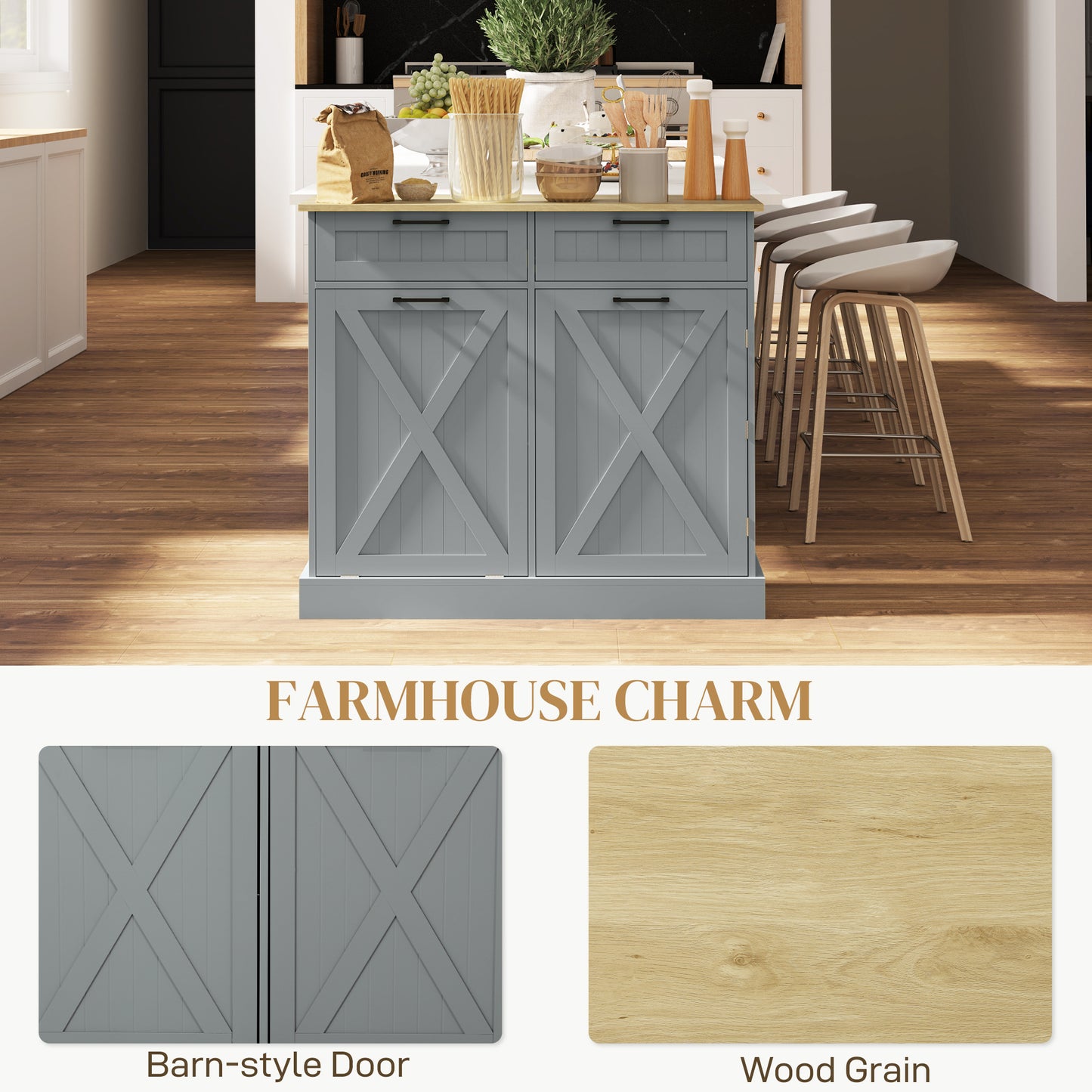 Farmhouse Tilt-Out Trash Can Cabinet with 2 Drawers - Gray