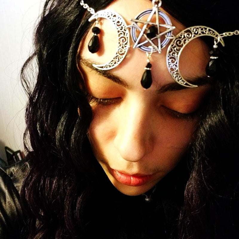 Moon Pentagram Head Chain Hair Accessory - Black