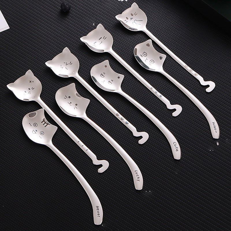 Japanese Korean Long-Tailed Cat Coffee Spoon - Stainless Steel Kitchen Utensil