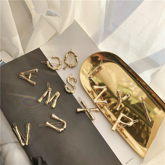 Gold Letter Hairpin Side Clip Simple Net Red Hair Accessory for Women