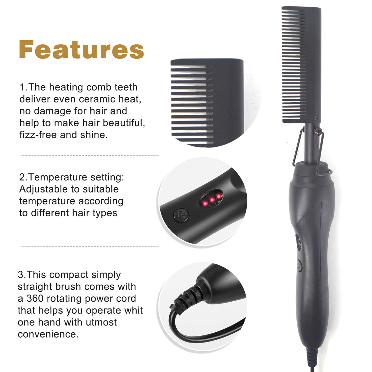 Electric Hair Straightener and Curling Comb - Wet & Dry Copper Comb