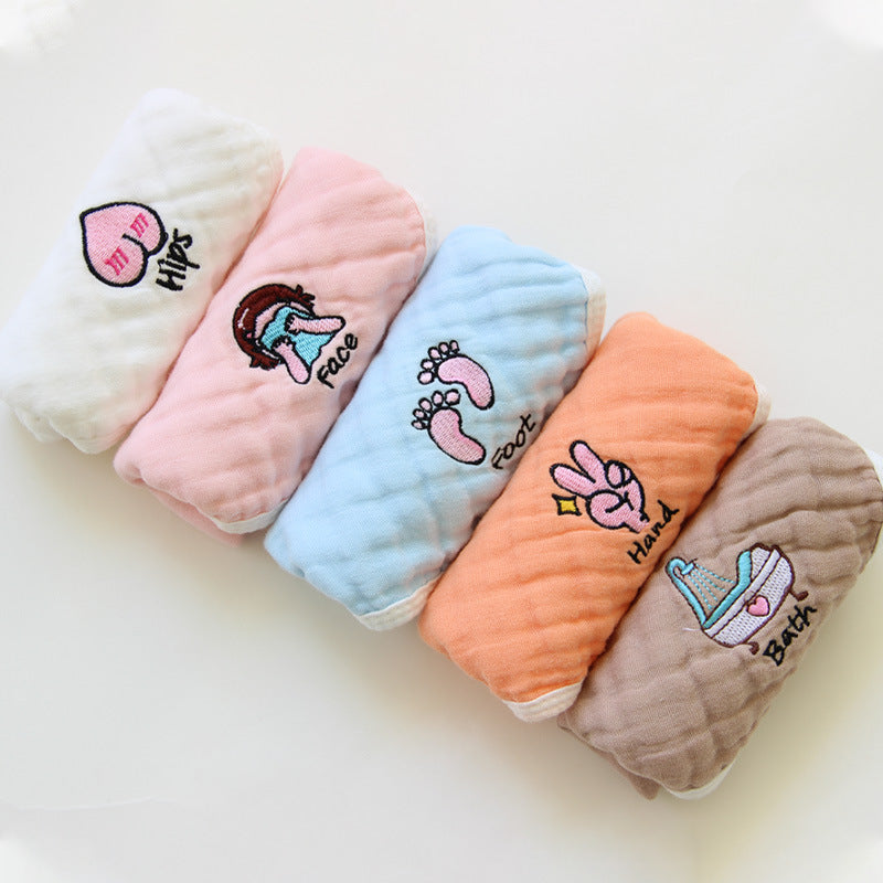 Set of 5 Cotton Embroidered Baby Square Towels - Multi-Layer Nursery Handkerchiefs