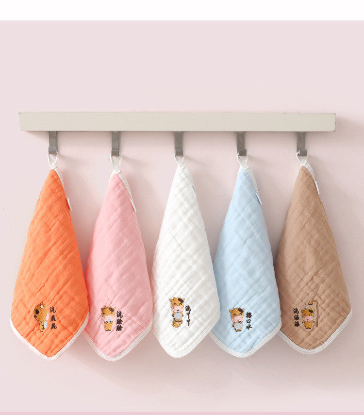 Set of 5 Cotton Embroidered Baby Square Towels - Multi-Layer Nursery Handkerchiefs