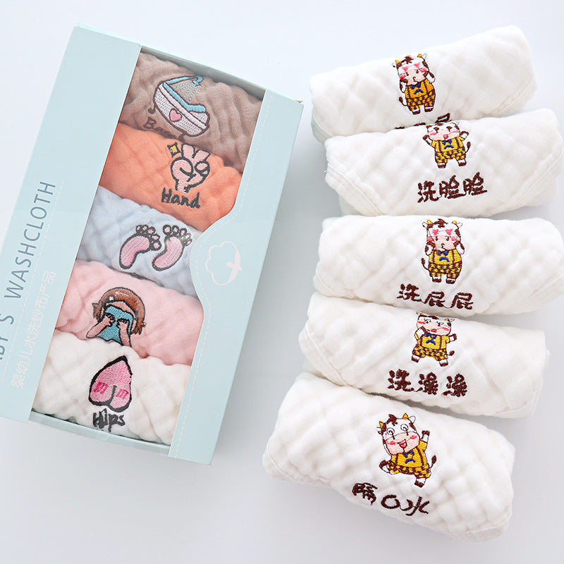 Set of 5 Cotton Embroidered Baby Square Towels - Multi-Layer Nursery Handkerchiefs