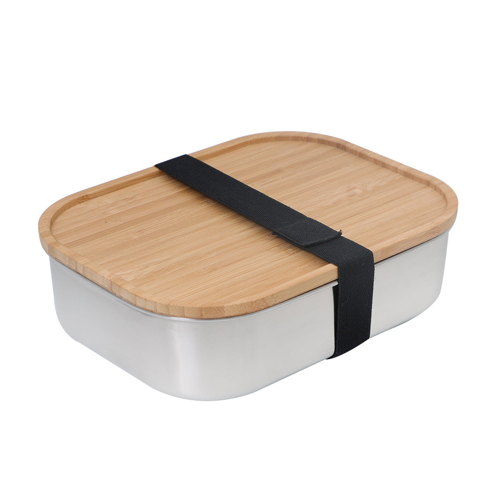 Japanese Style Bamboo Wood Lunch Box with Three-Grid Stainless Steel Interior