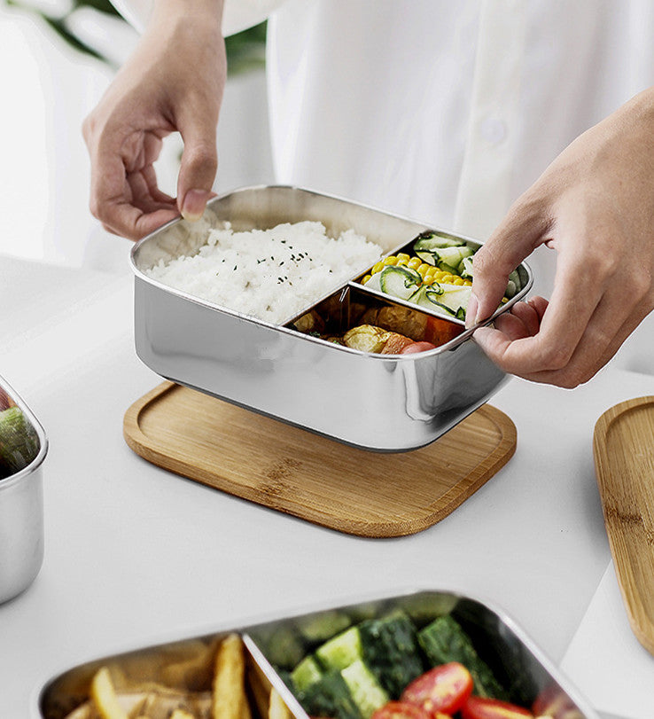 Japanese Style Bamboo Wood Lunch Box with Three-Grid Stainless Steel Interior