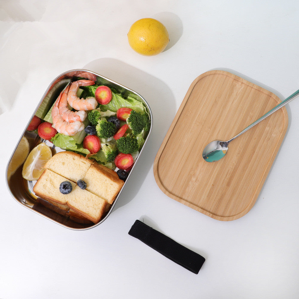 Japanese Style Bamboo Wood Lunch Box with Three-Grid Stainless Steel Interior