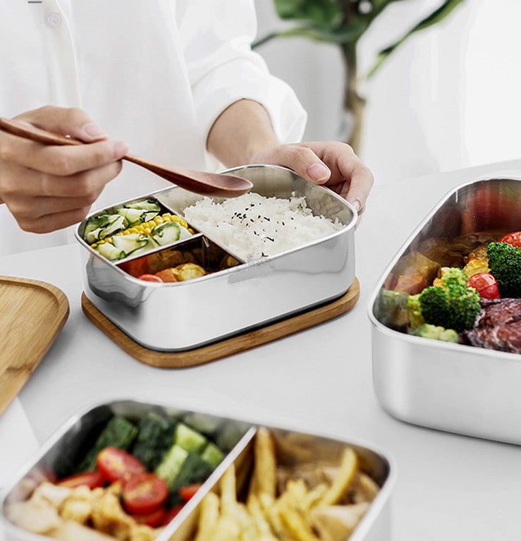 Japanese Style Bamboo Wood Lunch Box with Three-Grid Stainless Steel Interior