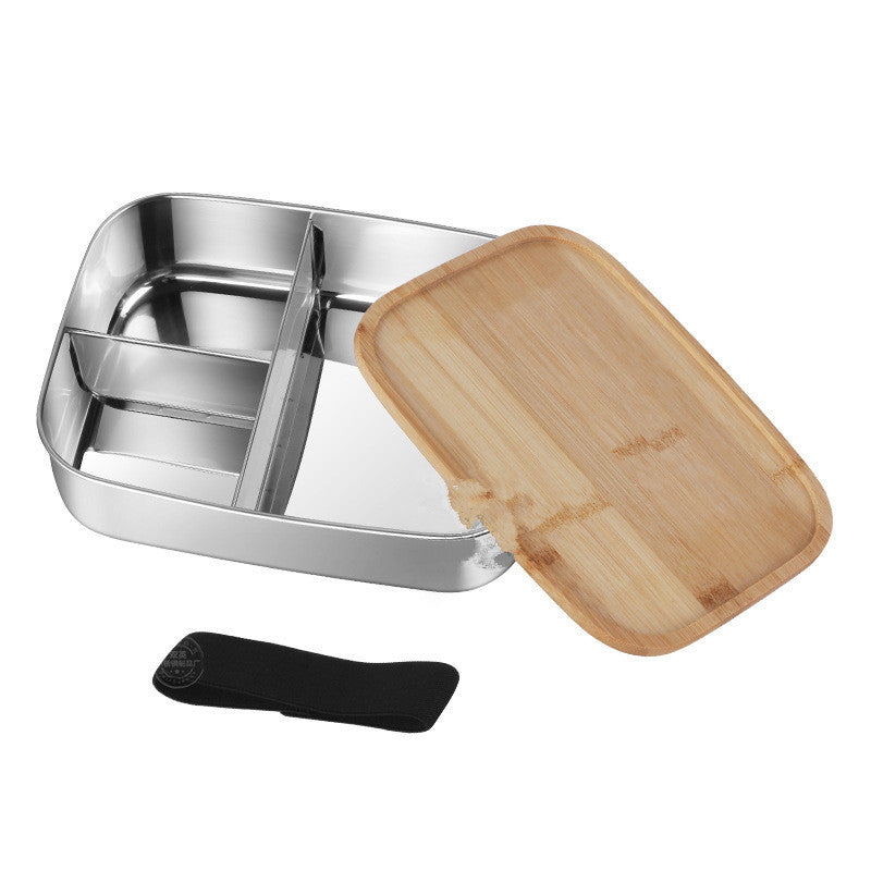 Japanese Style Bamboo Wood Lunch Box with Three-Grid Stainless Steel Interior