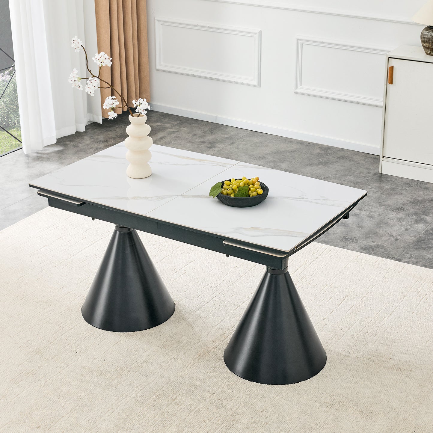 Extendable Stone-Top Dining Table - White Marble with Black Legs