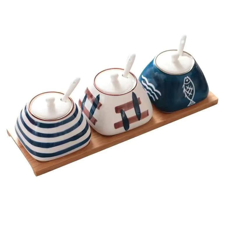 Three-Piece Condiment Dispenser Set with Porcelain Bottles - Multiple Colors