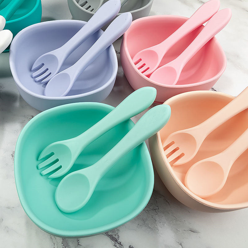 Silicone Baby Food Supplement Bowl Set with Fork and Spoon - Suction Cup