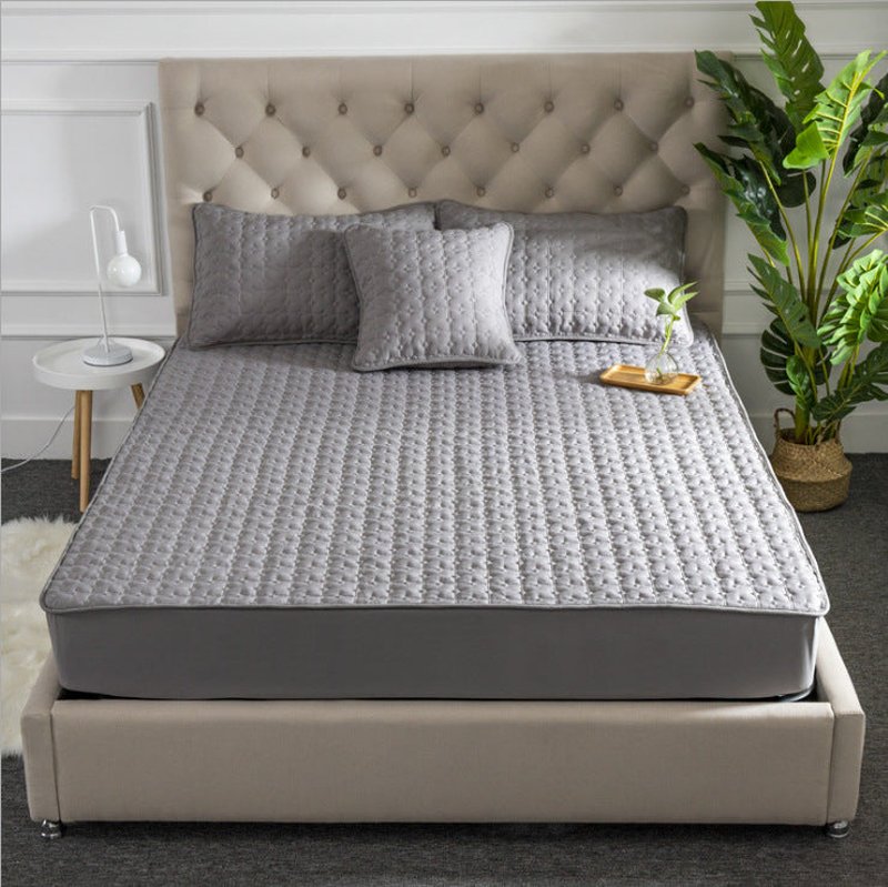 Solid Color Cotton Bed Sheet - Quilted Mattress Cover, Non-Slip, Thick