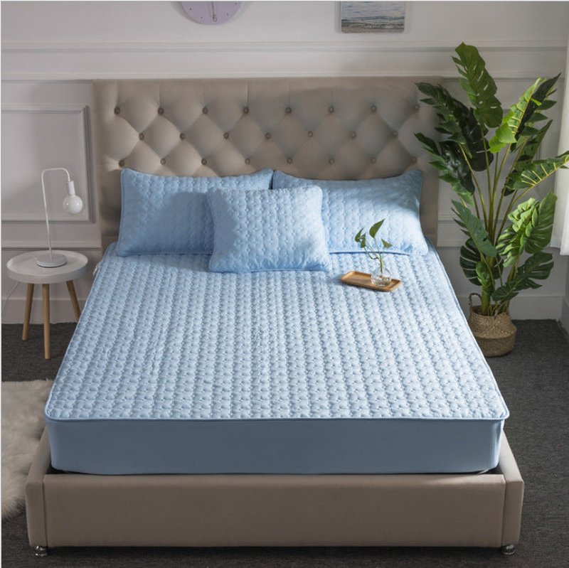 Solid Color Cotton Bed Sheet - Quilted Mattress Cover, Non-Slip, Thick